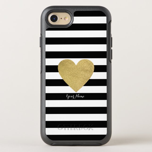 Black & White Stripes with Gold Foil Heart Otterbox iPhone Case (Back)