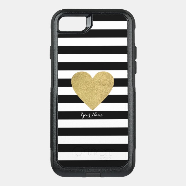 Black & White Stripes with Gold Foil Heart Otterbox iPhone Case (Back)
