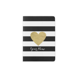 Black & White Stripes with Gold Foil Heart Passport Holder