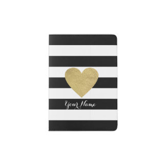 Black & White Stripes with Gold Foil Heart Passport Holder