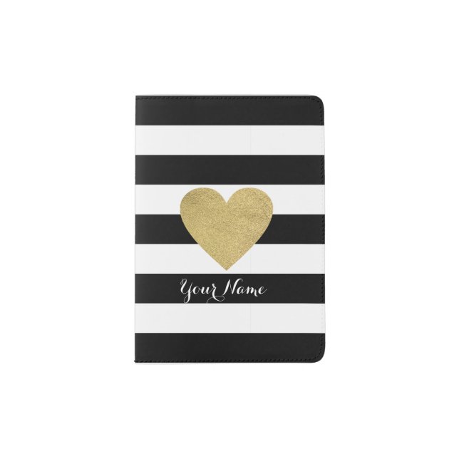 Black & White Stripes with Gold Foil Heart Passport Holder (Front)