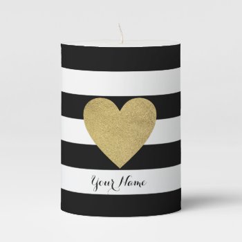 Black & White Stripes With Gold Foil Heart Pillar Candle by StripyStripes at Zazzle