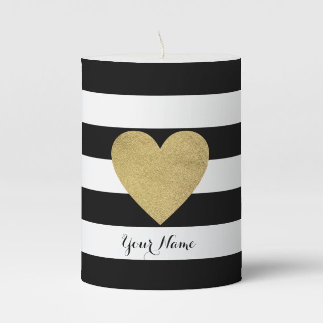 Black & White Stripes with Gold Foil Heart Pillar Candle (Front)