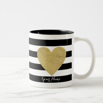 Black & White Stripes With Gold Foil Heart Two-tone Coffee Mug by StripyStripes at Zazzle