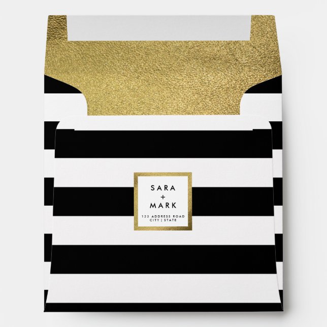 Black & White Stripes with Gold Foil Personalized Envelope (Back (Bottom))