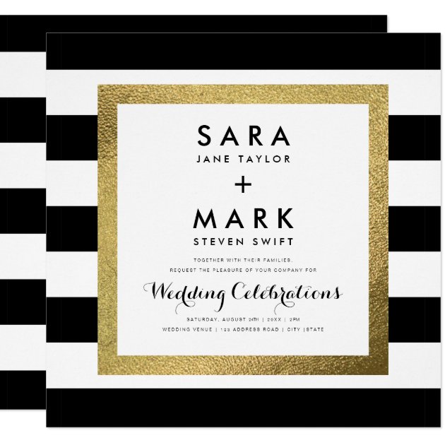 Black & White Stripes With Gold Foil Wedding Invitation