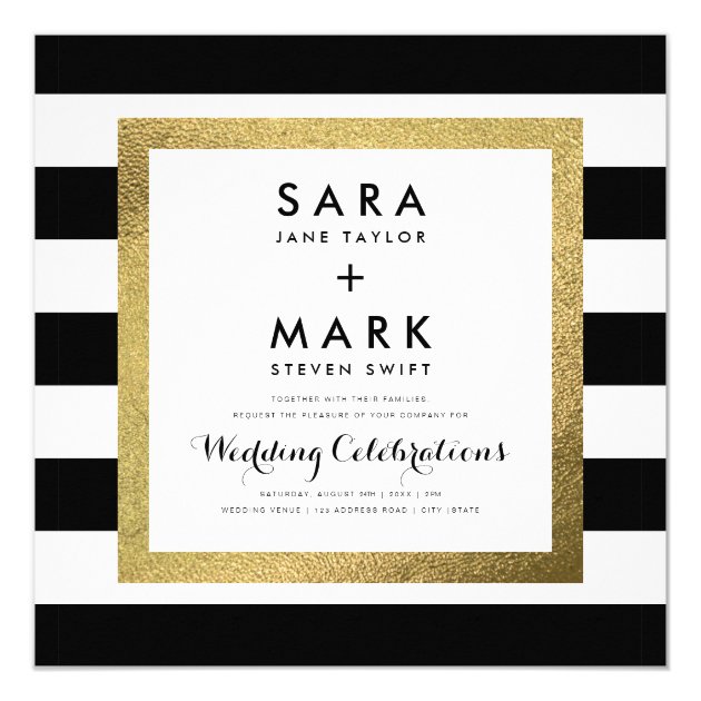 Black & White Stripes With Gold Foil Wedding Invitation