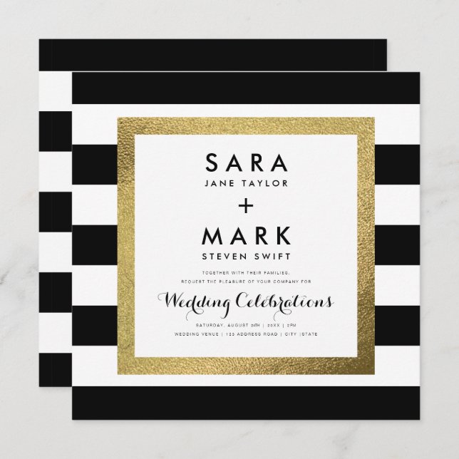 Black & White Stripes with Gold Foil Wedding Invitation (Front/Back)