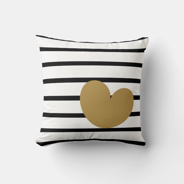 Black & White Stripes with Gold Heart Throw Pillow (Front)