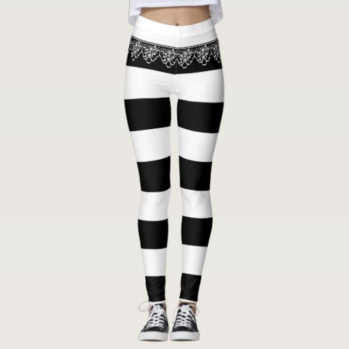 Black  White Stripes with Lace Leggings
