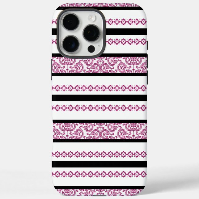 Black & White Stripes with Magenta Floral Pattern Case-Mate iPhone Case (Back)