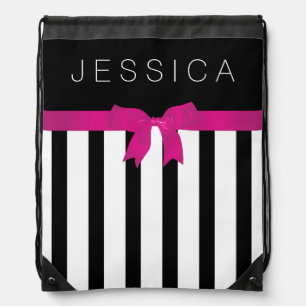 Black & White Stripes With Pink Ribbon Drawstring Bag