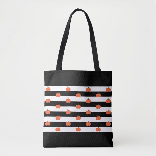 Black & White Stripes with Pumpkins - Halloween Tote Bag (Front)