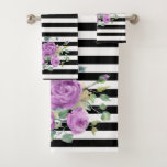 Black &amp; White Stripes With Purple Flowers Bath Towel Set at Zazzle