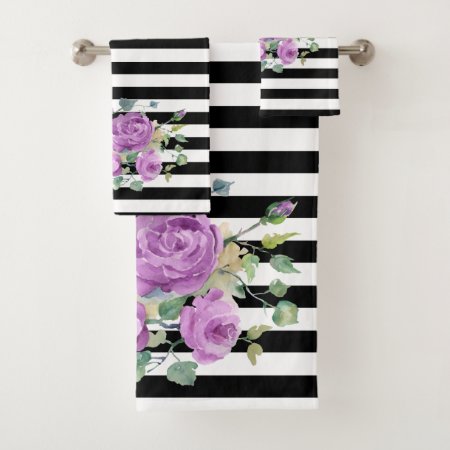 Black & White Stripes With Purple Flowers Bath Towel Set