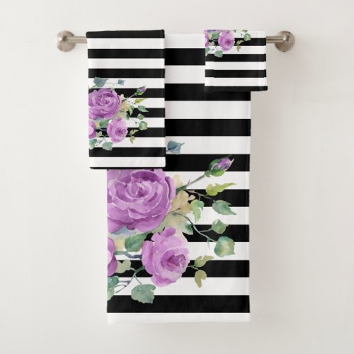 BLACK  WHITE STRIPES WITH PURPLE FLOWERS BATH TOWEL SET