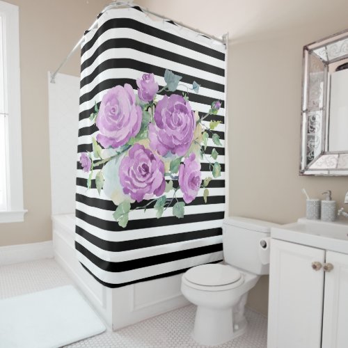 BLACK  WHITE STRIPES WITH PURPLE FLOWERS SHOWER CURTAIN