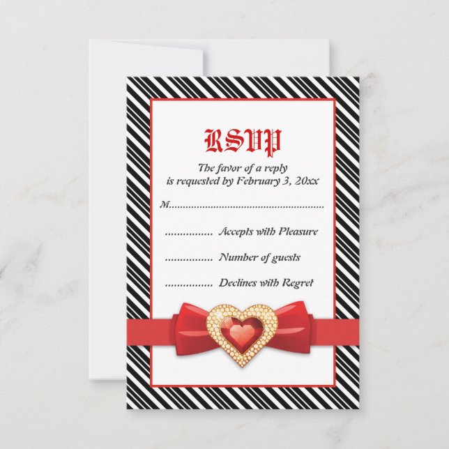 Black white stripes with red jewel wedding RSVP (Front)