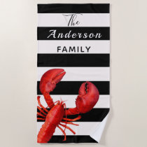 Black white stripes with red lobster family name beach towel