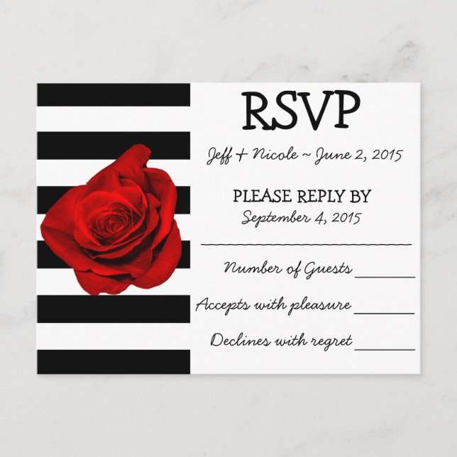 Black & White Stripes with Red Rose Wedding RSVP Invitation Postcard (Front)