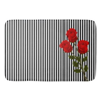 Black & White Stripes With Red Roses Bath Mat by JLBIMAGES at Zazzle