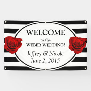 Black & White Stripes with Rose Wedding Banner