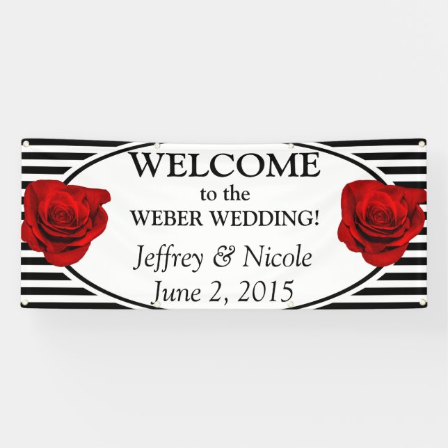 Black & White Stripes with Rose Wedding Banner (Horizontal)