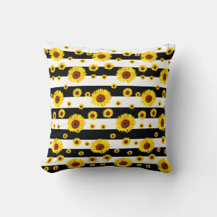 Black White Stripes With Sunflower Flower Throw Pillow