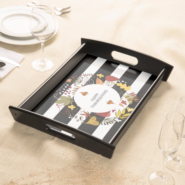 Black & White Stripes With Thanksgiving Wreath Serving Tray (Front)
