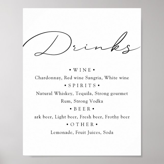 Black white. Stylish calligraphy wedding menu bar Poster (Front)