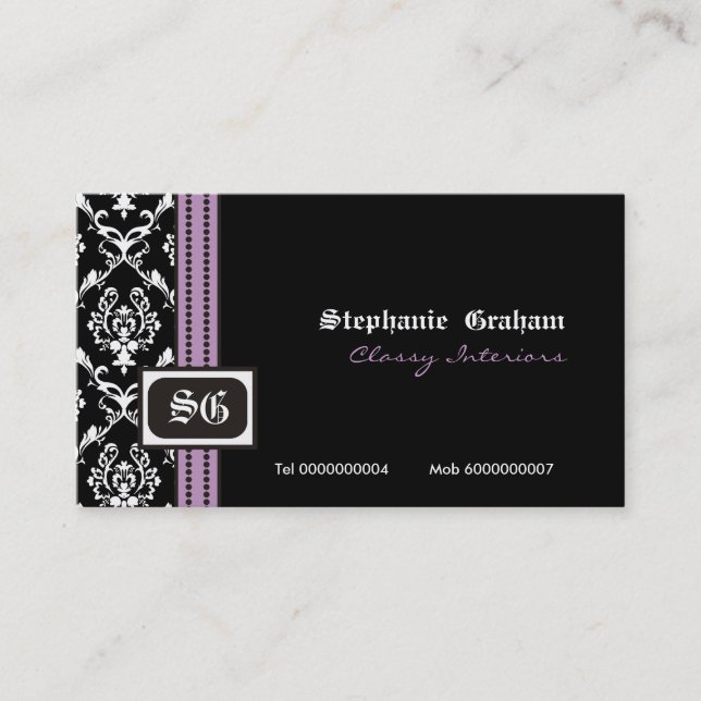 Black white stylish damask monogram business card (Front)