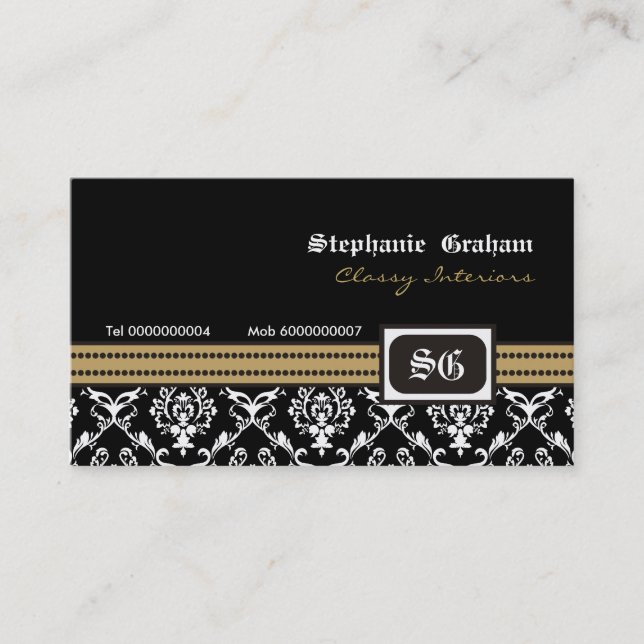 Black white stylish damask monogram business card (Front)