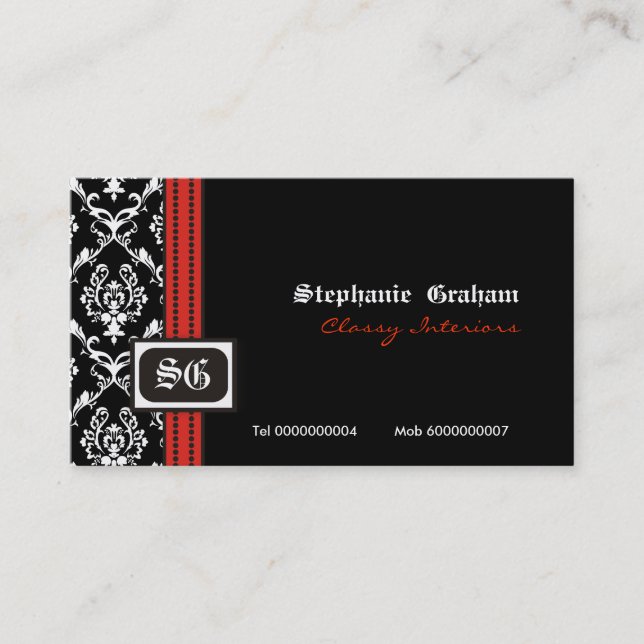 Black white stylish damask monogram business card (Front)