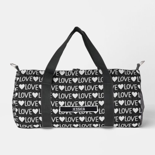 Black White Stylish Love Monogram Name Duffle Bag