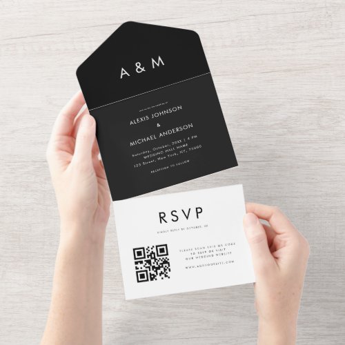 Black  White Stylish Modern Minimalist QR Code All In One Invitation