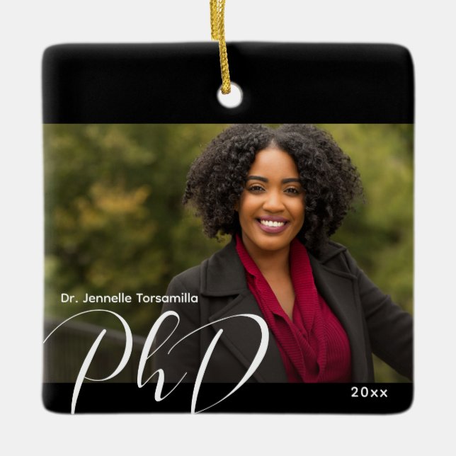 Black White Stylish Photo PhD Graduation Ceramic Ornament (Front)