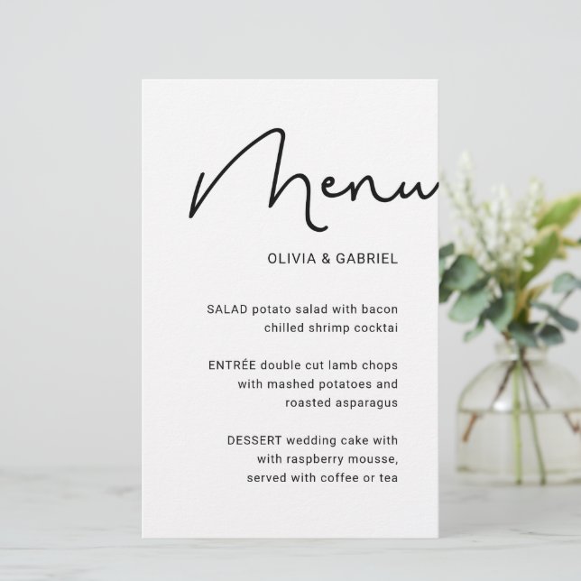 Black white Stylish script minimalist wedding menu (Standing Front)