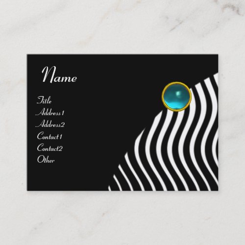 BLACK WHITE STYLISH WAVESBLUE GEMSTONE MONOGRAM BUSINESS CARD