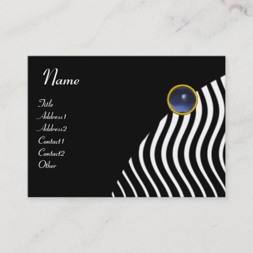 BLACK WHITE STYLISH WAVESBLUE GEMSTONE MONOGRAM BUSINESS CARD