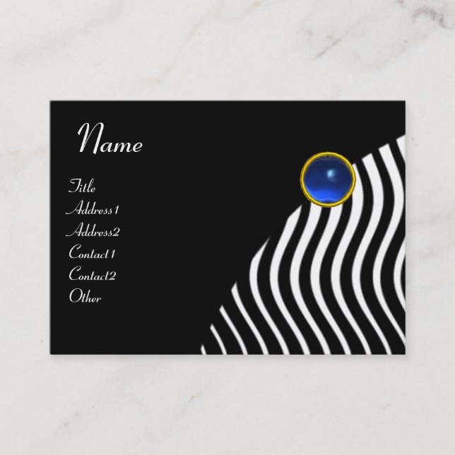 BLACK WHITE STYLISH WAVES,BLUE GEMSTONE MONOGRAM BUSINESS CARD (Front)