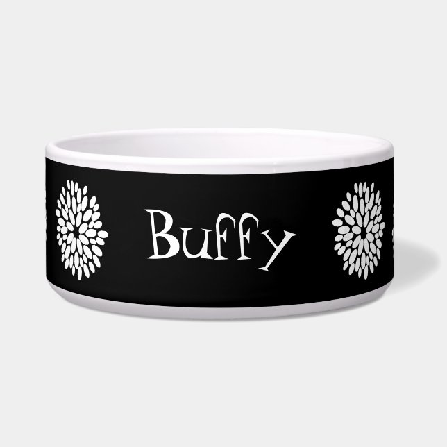 Black & White Stylized Floral Custom Dog Bowl (Front)