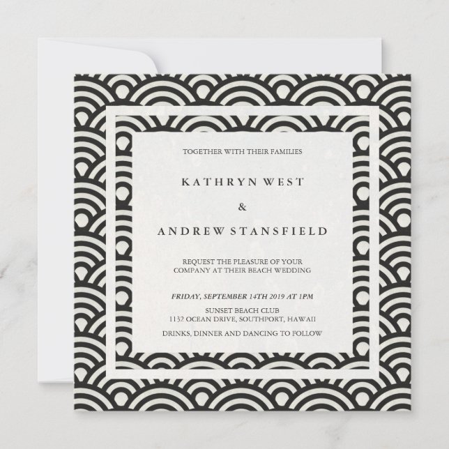 Black + White Stylized Waves Elegant Beach Wedding Invitation (Front)