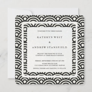 Black + White Stylized Waves Modern Beach Wedding Invitation
