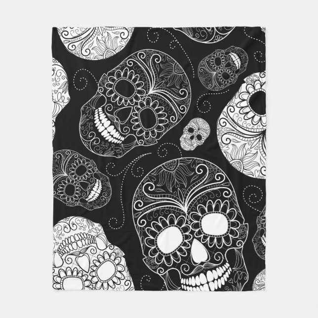 Black & White Sugar Skull Heads Fleece Blanket (Front)