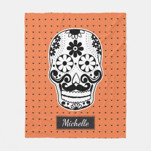 Black  White Sugar Skull Micro Heart Orange Fleece Blanket