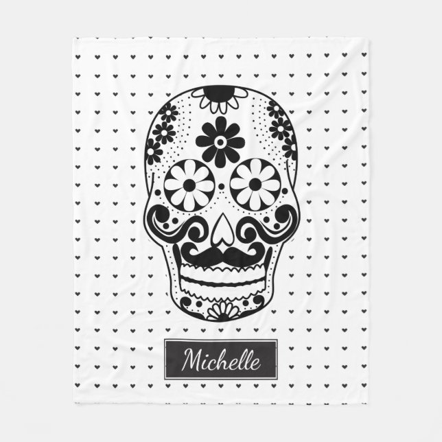 Black & White Sugar Skull Micro Heart Personalized Fleece Blanket (Front)