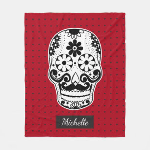 Black & White Sugar Skull Micro Heart Red Fleece Blanket