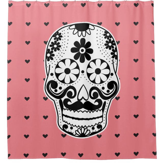 Black & White Sugar Skull Micro Heart Shower Curtain (Front)