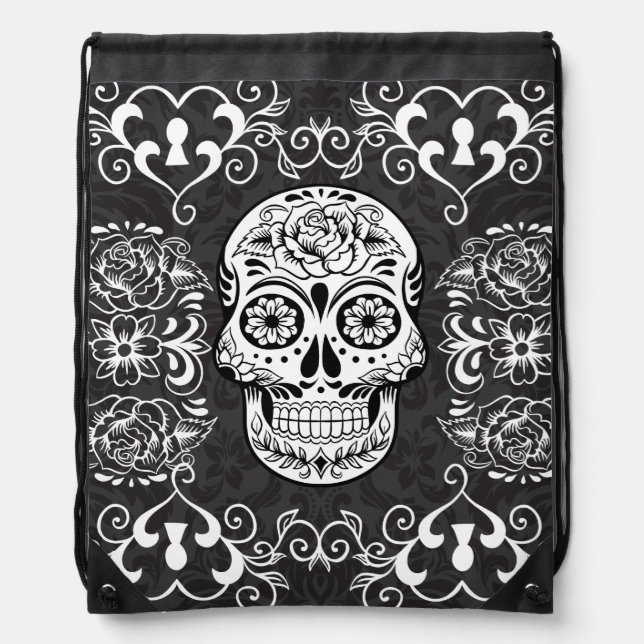 Black White Sugar Skull Skeleton Tattoo Art Bag (Front)