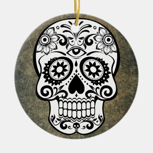 Black  White Sugar Skull Slate Ornament Round